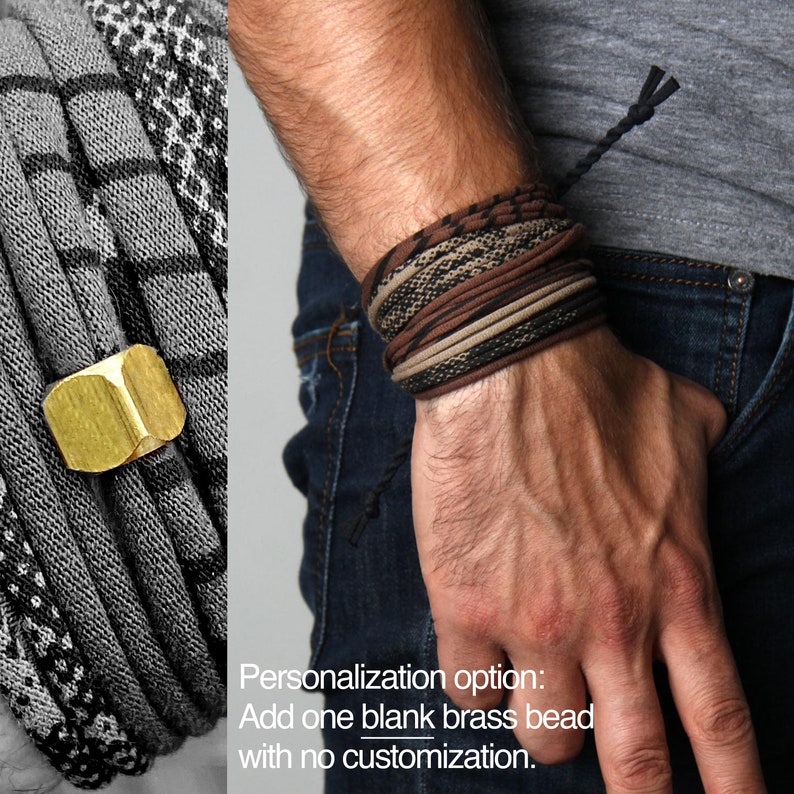 Hand Printed Unisex Bracelet, Bohemian Style Tie-on Wrap Bracelet with Antique Brass Finishings Personalized Mens Bracelet add blank bead