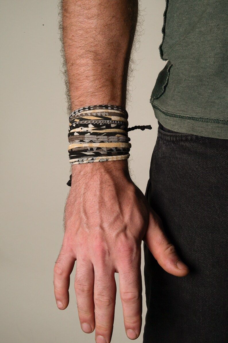 Hand Printed Unisex Bracelet, Bohemian Style Tie-on Wrap Bracelet with Antique Brass Finishings Personalized Mens Bracelet image 5