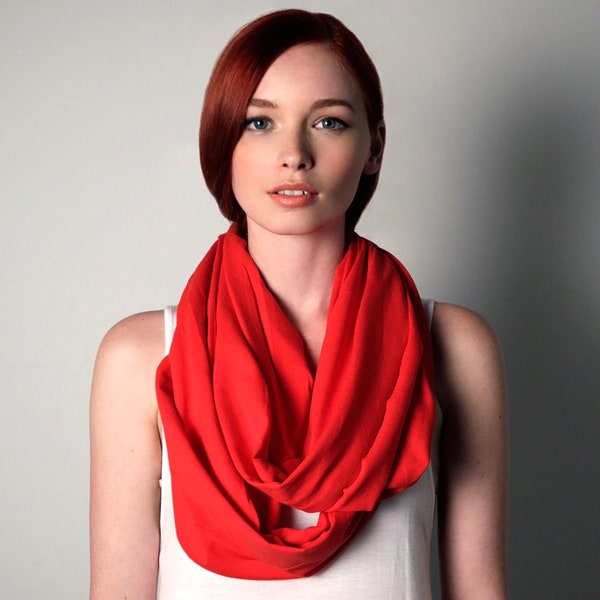 Red Scarf / Chunky Circle Scarf / Women Gift for Her / Mom Gift for Wife / Red Spring Scarf / Soft Jersey Cotton / Necklush