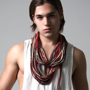 Unisex Tribal Cotton Jersey Scarf Necklace - Festival Gear - Burning Men Gift - Red & Brown - Festival Jewelry