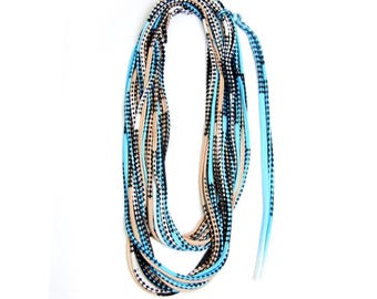 Personalized Beige & Blue Fabric Necklace: Hand-Printed Cotton Scarf