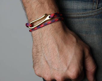 Personalized Paracord Bracelet: Red Purple Nautical Rope, Solid Brass Hook