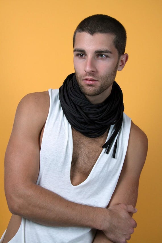 Unisex Black Cotton Jersey Cowl Scarf Necklace - Winter Necklush for Personalized Gifts