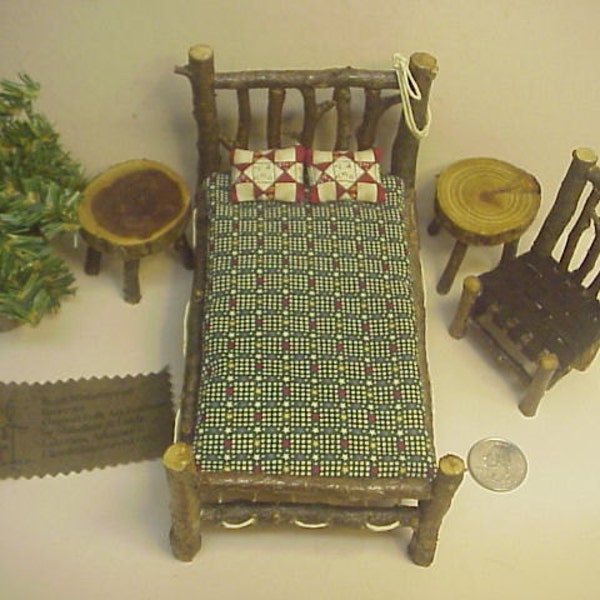 Rustic Miniature Dollhouse Furniture 8 piece Set Log Cabin 1 inch Scale  Bed Green Stars