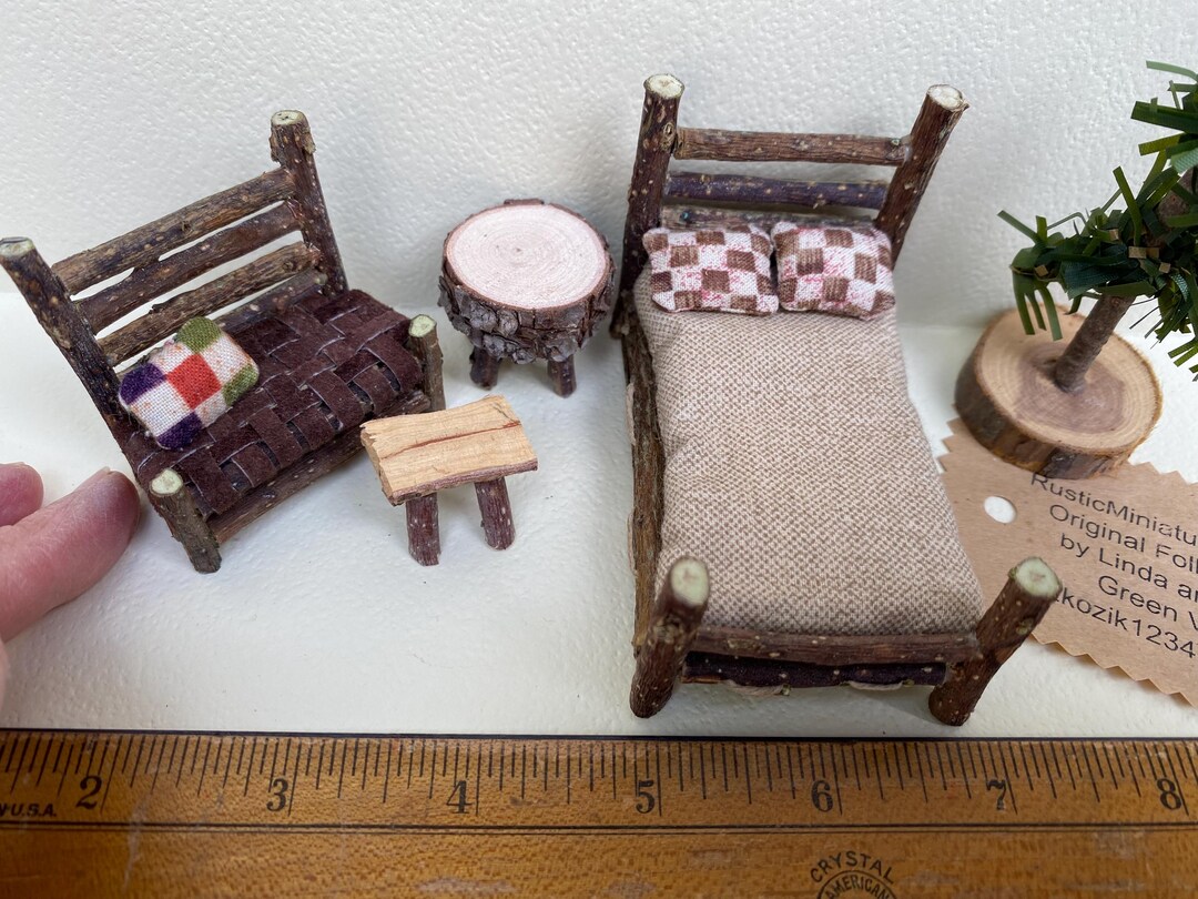 Half Inch Scale Set Rustic Miniature Dollhouse Furniture Log Cabin 8 ...