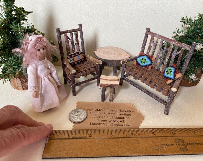 One Inch Miniatures Southwest 1 Inch Scale Chair Settee Bench Table Log Cabin Woodland BJD ...