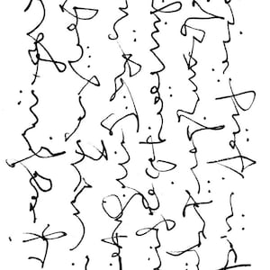 May include: Abstract black ink drawing on a white background. The artwork presents vertical lines of looping shapes, dots, and linear elements. The style is free-flowing and calligraphic.