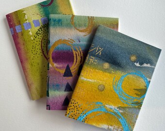 Trio of Artist Sketchbooks - Hand Printed and Hand Dyed Fabric Cover - Premium Blank Pages