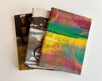 Trio of Artist Sketchbooks - Hand Printed and Hand Dyed Fabric Cover - Premium Blank Pages
