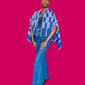 Aina Shrug in Baoulé Ikat Pattern Cloth – Handwoven Bolero with Sleeves | Violet Rhythm
