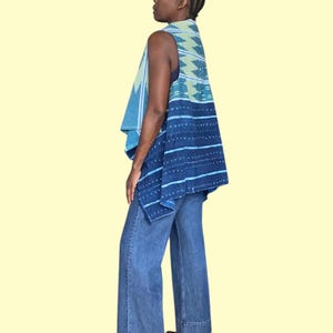 Women&#39;s Wrap Vest, Baoulé Ikat Pattern Cloth with Mossi Indigo Cloth (Aqua Dawn)