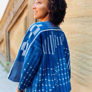 Women&#39;s Jacket, Natural Vintage Indigo, African Mud Cloth, Handwoven Button-Down (#24)