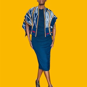 Aina Shrug in Baoulé Ikat Pattern Cloth – Handwoven Bolero with Sleeves | Midnight Wave