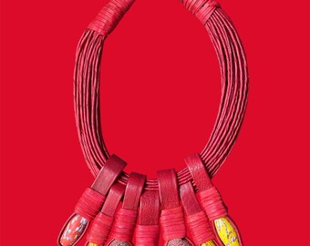 Chunky Leather Necklace | Krobo Pendants | 17 Inch Collar | Bold Statement Necklace | Bright Colors