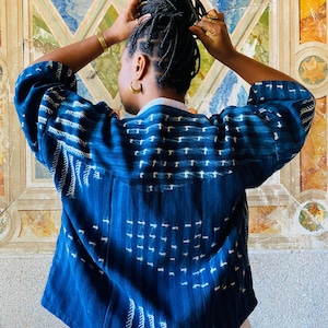 Authentic Resist-dyed Indigo, West African Mud Cloth (#27). Handwoven, round-neck button-down. Fits M-L