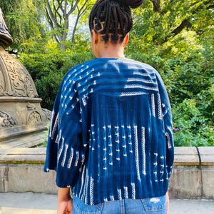 Authentic Resist-dyed Indigo, West African Mud Cloth (#21). Handwoven, round-neck button-down. (M/L)