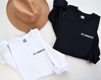 Sudadera con capucha personalizada con números romanos - Regalo para parejas - Regalo personalizado con fecha - Compromisos, regalo de primer aniversario, sudadera con capucha con fecha de boda, regalo para parejas