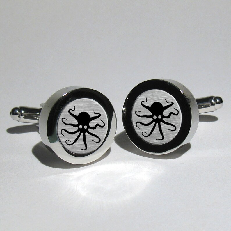 Mens Steampunk Octopus Cufflinks, Silver Geekery Nautical Octopus Sailor Cufflinks, Grooms Gift, Dads Gift, Valentines Gift, Gift for men image 2