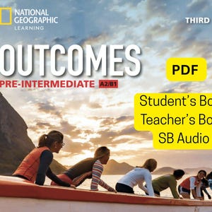 以下が含まれることがあります： ナショナル ジオグラフィック ラーニングの英語学習書「OUTCOMES」の表紙。「PRE-INTERMEDIATE A2/B1」レベル、「THIRD EDITION」。PDF、Student's Book、Teacher's Book、SB Audioの文字。背景には風景が描かれています。