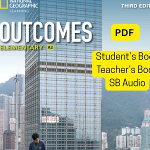 以下が含まれることがあります： ナショナル ジオグラフィック ラーニングの「Outcomes Elementary A2」の表紙。近代的な高層ビルと「OUTCOMES」と「ELEMENTARY A2」の文字が描かれています。追加テキストには「PDF」、「Student's Book」、「Teacher's Book」、および「SB Audio」が含まれています。
