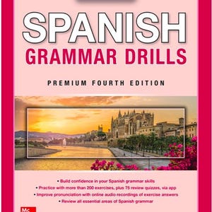 Puede incluir: Un libro de texto de gramática española con un borde rosa. El título "SPANISH GRAMMAR DRILLS" está en letras blancas grandes. La portada presenta una foto panorámica de una ciudad con un río y una puesta de sol. El libro es para principiantes e intermedios.