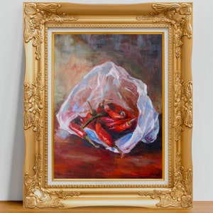 Impressionist Chili Peppers in Plastic Bag Oil Painting | Original Still Life Fine Art Print