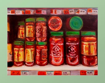 Pintura al óleo de botellas de chile Sambal Oelek / Lámina de arte culinario indonesio