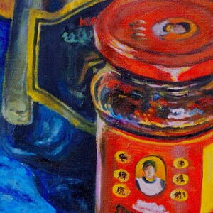 Close up of Impressionist oil painting of asian sauce cooking ingredients. There are three bottles: Lao Gan Ma, Sesame Oil, and Soy Sauce
