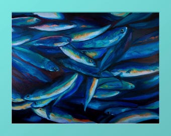 Cuadro al óleo de cesta de sardinas frescas / Lámina artística de cocina con temática de mariscos