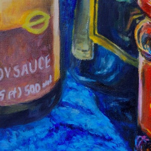 Close up of Impressionist oil painting of asian sauce cooking ingredients. There are three bottles: Lao Gan Ma, Sesame Oil, and Soy Sauce