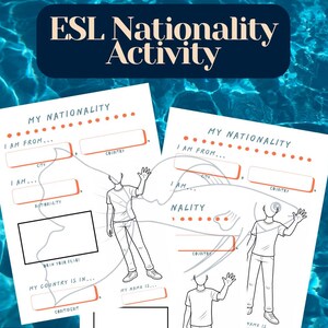 May include: An ESL Nationality Activity worksheet featuring fill-in-the-blank sections for city, country, nationality, and continent. The page includes a box to draw a flag and a line drawing of a person waving. Text includes "My Nationality," "I am from," "My name is," and "Draw your flag."
