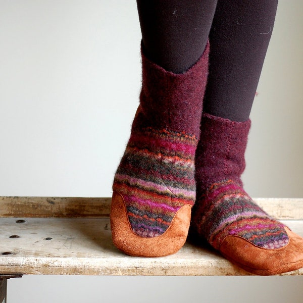 Women Slipper Socks, Wool and Leather Mukluks, women size 6.5, Harvest