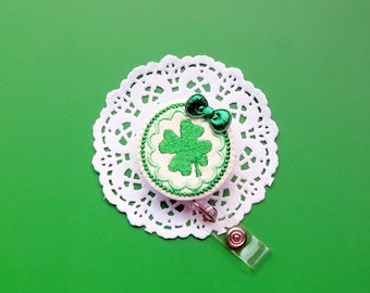 St. Patty's Day ID Badge, Glitter Holiday Badge Reel, St. Patrick's Day Badge Holder, Clover Badge Reel, Shamrock Interchangeable Badges