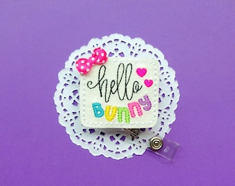 Hello Bunny Badge Reel, Bunny Badge Reel, Easter Holiday ID Name Holder, Glitter Badges, Rainbow Spring Badge Reels, Nurse Badge Reel Clips