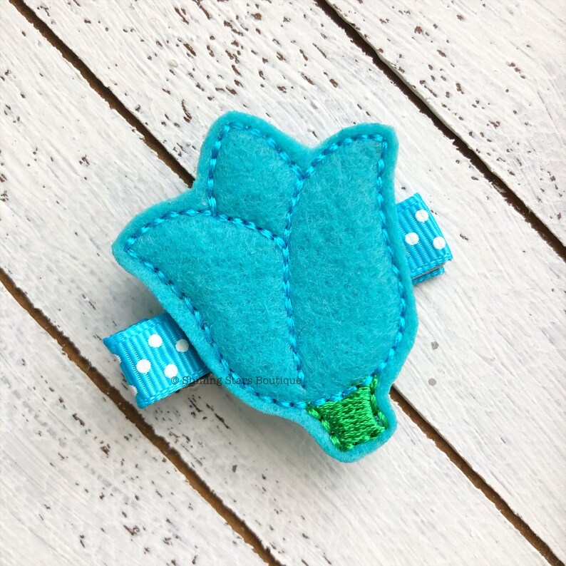 Easter Bows Hair Accessories Blue Spring Tulip Flower Embroidered Felt Hair Clippie Garden Flowers Easter Flowers Bow Spring Tulips