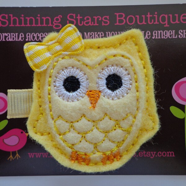 Felt Hair Clip - Baby Girl Hair Accessories - Yellow Embroidered Felt Owl Hair Clippie For Girls