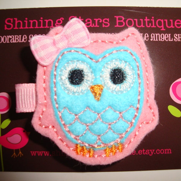 Hair Accessories - Felt Hair Clips - Light Pink And Aqua Blue Embroidered Felt Owl Hair Clippie For Girls - Cute Headband Accessory