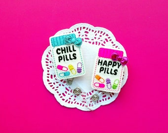 Pill Bottle Badge Reel, Pharmacy Tech, Glitter Badge, Chill Pills Badge Reel, Happy Pills Badge, ID Badge Holder, Nurse Badge Reel Clip