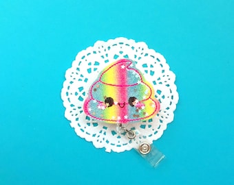 Rainbow Unicorn Poop Badge , Funny Badge Reel, Glitter Shaker Badge Reel, Food ID Badge, Nurse Badge Holder, Cupcake Frosting Swirl Clip