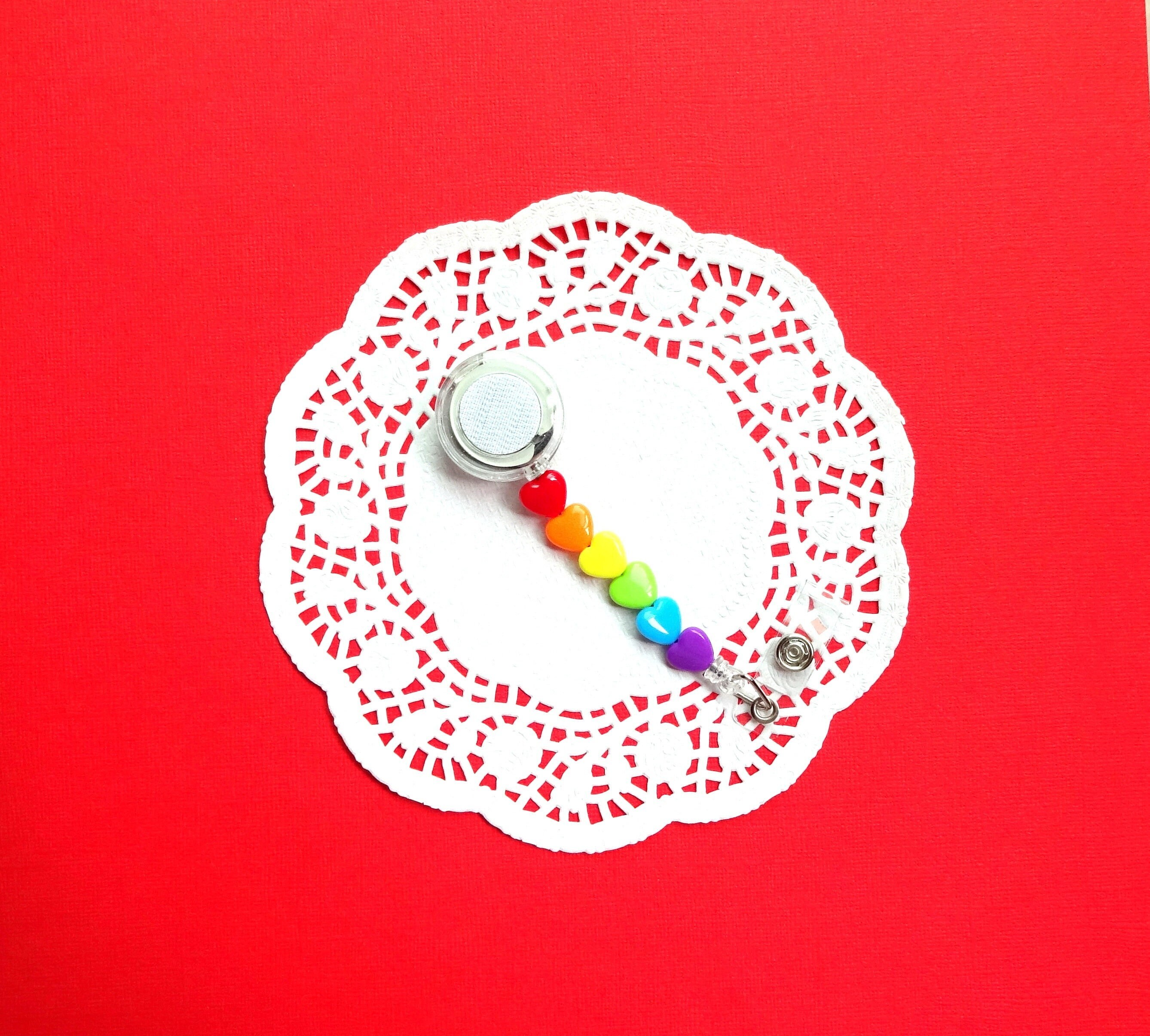 Beaded Badge Reel, Interchangeable Badge Reel, Rainbow Badge Reel, Badge Reel with Heart Beads, Pride Badge Reel- BASE ONLY