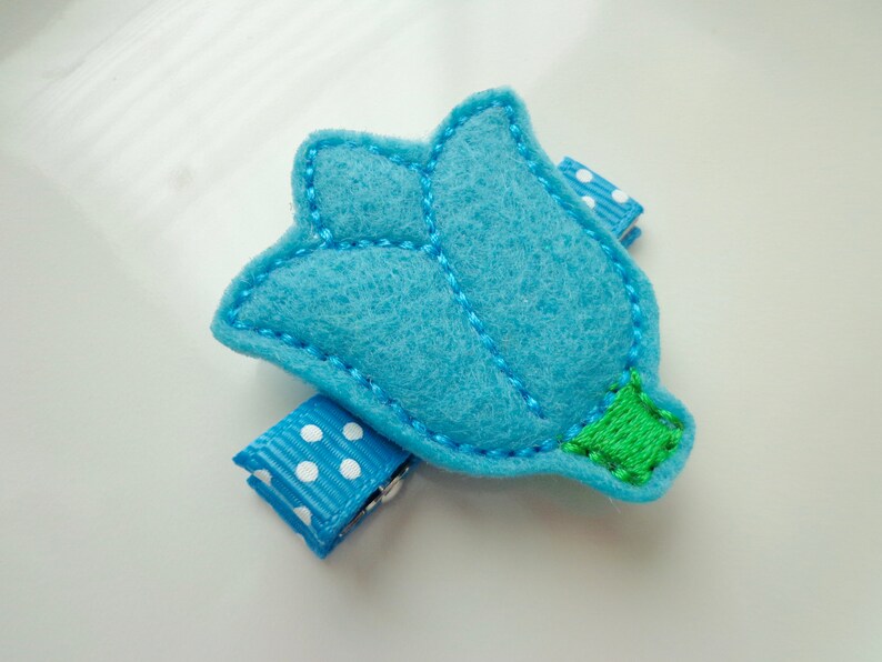 Easter Bows Hair Accessories Blue Spring Tulip Flower Embroidered Felt Hair Clippie Garden Flowers Easter Flowers Bow Spring Tulips