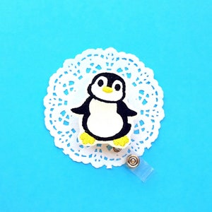 Glitter Penguin Badge Reel: Embroidered Winter Christmas ID Badge