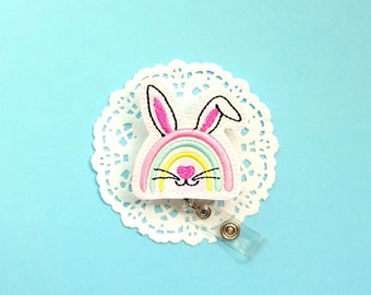 Bunny Rainbow Badge, Iridescent Vinyl Badge Reel, Easter Badge Reel, Spring Badge Reel, ID Name Badges, Nurse Badge, Bunny Ears Rainbow Clip