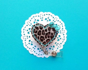 Heart Badge Reel, Cheetah Print ID Badge, Glitter Badge, ID Badge Holder, Nurse Badge, Cute Badge Reel-ID Holder , Interchangeable Badge