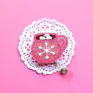Hot Cocoa Badge Reel, Glitter Badge Holder, Holiday ID Holder, Christmas Badge Reel, Winter Mug ID Badge Reel, Seasonal Badge Clip