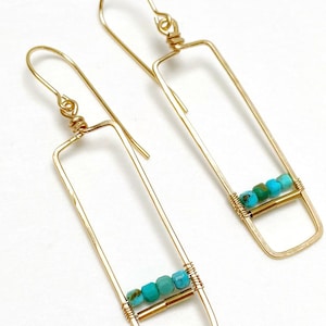 Short Gold , Rectangle with Turquoise Earring / simple/ lightweight/ modern/rectangular/ geometric/ gold fill/ turquoise