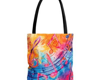 Bolso de tela con diseño de notas musicales, diseño en acuarela, regalo para músicos.