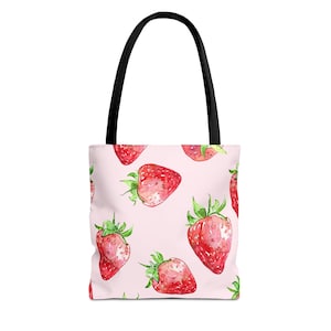 Watercolor Strawberry Tote Bag, Strawberry Lover, Gift Spring Tote, Shopper Summer Bag, Reusable Grocery Tote, Cute Tote, Farmers Market Bag