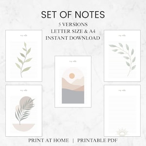 Op de afbeelding: Een set printbare notities met verschillende ontwerpen, waaronder botanische illustraties en een landschap. De tekst "SET OF NOTES", "5 VERSIONS", "LETTER SIZE & A4" is zichtbaar. Direct downloaden, om thuis af te drukken.