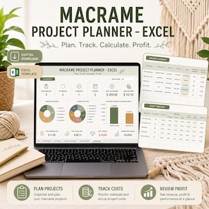 May include: A digital Macrame Project Planner Excel template displayed on a laptop screen, featuring a dashboard with project status charts, revenue and profit metrics, and separate tables for project tracking and cost management.